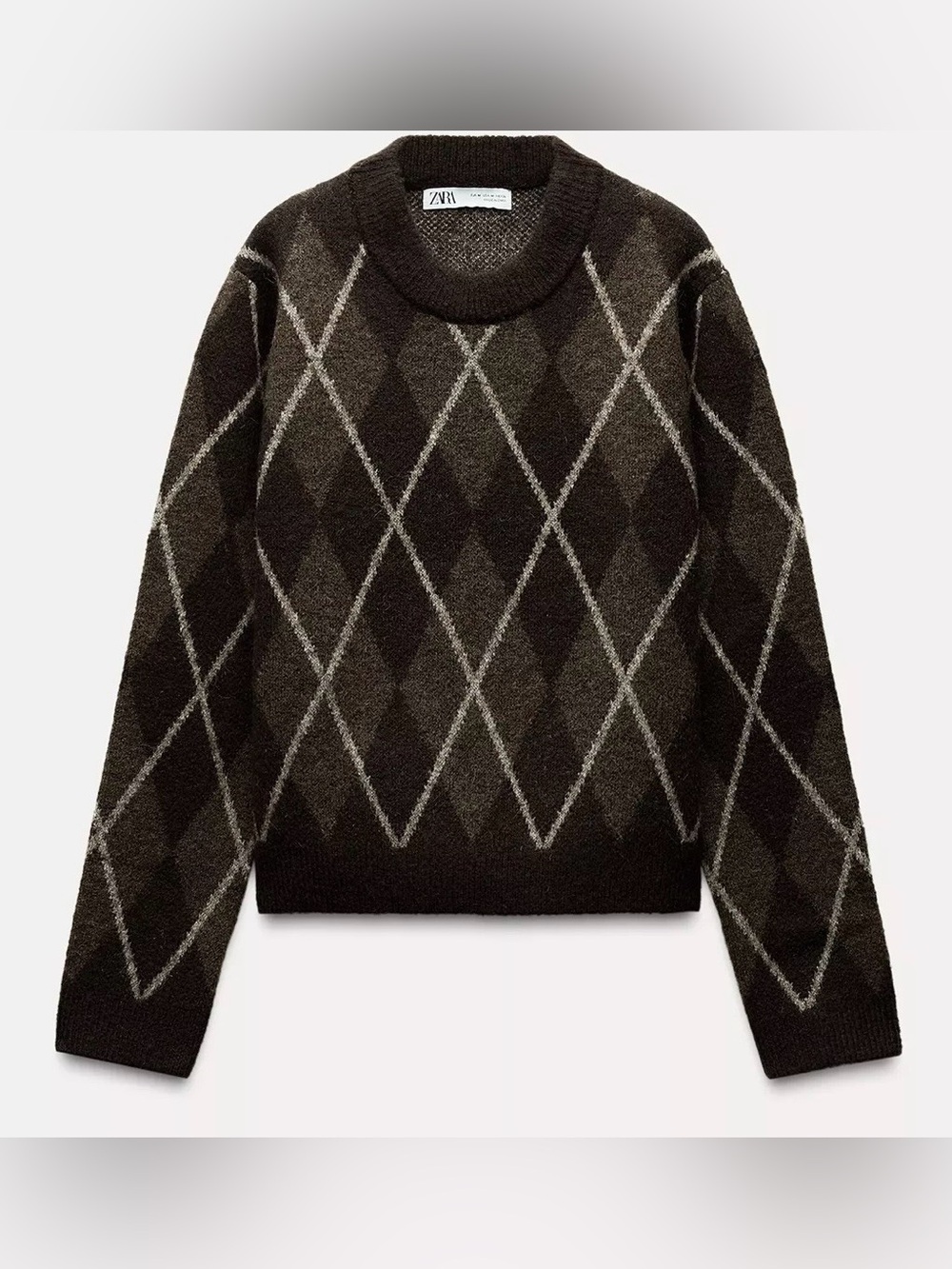 ZARA Women’s  Dark Brown & Light Gray Argyle Crewneck Sweater